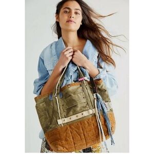 Free People Green And Tan Selvage Tatum Tote Bag Patchwork Tassels Distressed